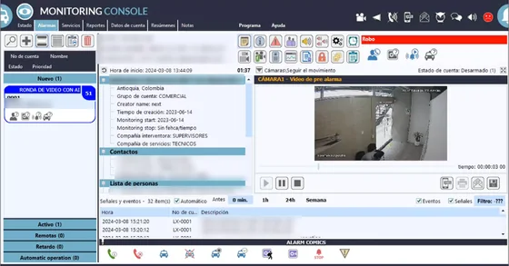 Consola de monitoreo de ALICE con la cola de eventos y la imagen asociada a la alarma