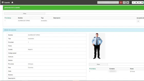 Consola web del portal del guarda, con la ficha de la persona de la cuenta